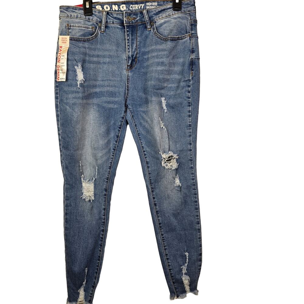 S.O.N.G. Curvy High Rise Skinny Ankle Jeans Women's Blue Size 13/31 Distressed
